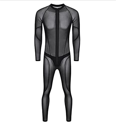 Rvlaugoaa Tuta Intera in Pizzo da Uomo,Nero Pizzo Prospettiva Maniche Lunghe Cerniera Bodysuit,Tutine e Body,Jumpsuit Wetlook Catsuit (XL)