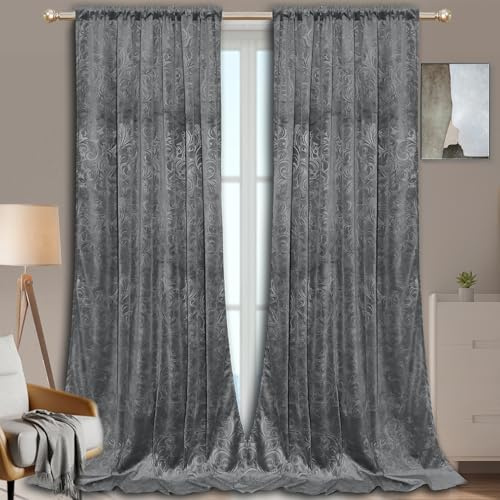Rosnek Samt Vorhang Grau Gardinen Kräuselband 2er Set,H225xB132CM Thermogardine Luxus Vorhang Blickdicht mit Muster,Übergardinen Vorhänge Verdunkelung Barock Deko für Wohnzimmer,Grau