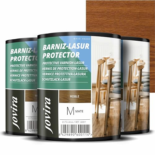 JOVIRA PINTURAS BARNIZ-LASUR Protector MATE al Agua. Protege, decora y embellece todo tipo de madera. (3x750 Mililitros, Roble) F-17-3