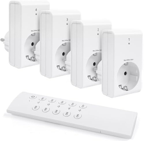 G-Homa Funksteckdosen mit Fernbedienung, 4er Steckdose Set mit 1er Fernbedienung für Haushaltsgeräte, Weihnachtsbeleuchtung, 30M Große Reichweite, Programmierbar, 2300W/10A, CE-gelistet, Weiß