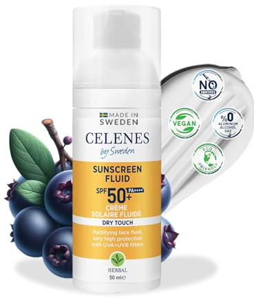 Celenes by Sweden Fluide Crème Solaire Touche Sèche SPF50+, Creme Solaire 50 Fini Mat - Soins Pour Le Visage Pour Protection UV, Creme Solaire Visage Sans Parfum—Résistant à l'Eau, Crème Solaire 50 ml