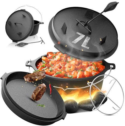 broil-master® Dutch Oven -4/7/9/13L, Set, Deckelheber, Pfanne, Untersetzer, Tragegriff, Gusseisen, Rund, für Camping, Outdoor - Feuertopf, Eingebrannter Schmortopf, Bräter (Topf ohne Füße, 7.3 Liter)
