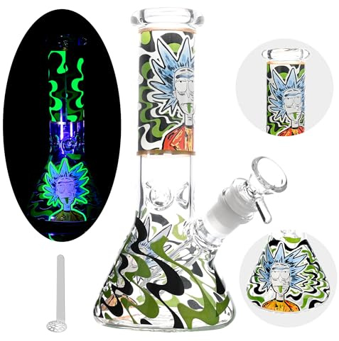 Masenyee 20cm klein Fluoreszierend Bong mit 14.5mm Schüssel und Sieb, Rauchen Glaspfeife glas, Robustes und dickes bong, Kompakt zu tragen, Chillum Wasserpfeife, Rick and Morthy-Green