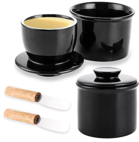 GBACHOOSE 2 Stück Französische Butterdose, Butterglocke mit Wasser, Buttertopf Keramik, Butter Bell, Butter Crock, Butterfass mit Deckel und Buttermesser für Frische und Streichfähige Butter