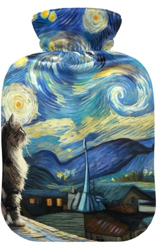 Starry Night Wärmflaschen mit Katzen-Motiv, Wärmekissen für Fußbettwärmer, Schmerzlinderung, 1 Liter