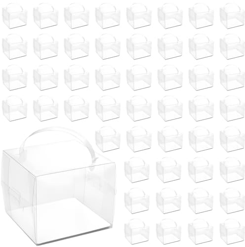 KEILEOHO 50 Stück Kuchenschachtel Transparent 13 x 13 x 11 cm, Plastik Kuchen Transportbox Cupcake Box mit Griff, Klein Transparente Geschenkbox für Geburtstag, Hochzeit