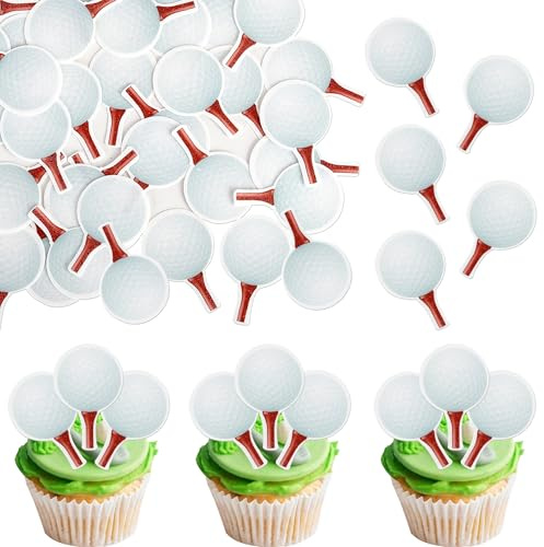 SYKYCTCY 48 Pack Edible Golf Cupcake Toppers Sports Golf Ball Cupcake Picks For Water Baby Shower Golf Outdoor Sports Players Theme Kids Birthday Party Cake Decorations Supplies