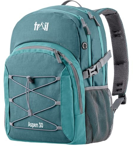Trail Aspen 30L Day Pack Backpack for School Work Hiking Camping Travelling, Breathable Padded Back & Straps, 3 Zip Compartments, Internal Pockets, Bungee Cords, USB/Headphone Port, Water Resistant