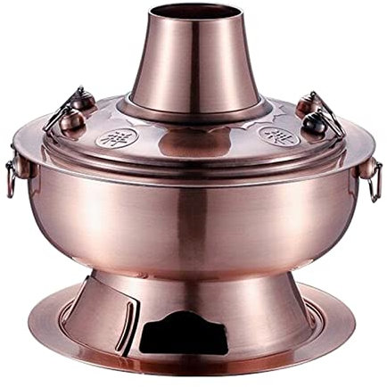 fondue， Olla caliente tradicional china, olla caliente de cobre vintage carbón Shabu Shabu olla caliente sartén de acero inoxidable cocina china tradicional(Red Copper,32cm)