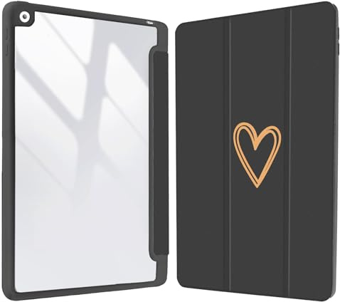 Vozehui 10.2 Zoll Case für iPad 9th/8th/7th Generation Case Schwarz mit Clear Back Shell mit Bleistifthalter,Dreifaltiger Stand Schutzhülle mit Auto Sleep Wake für 10.2Zoll 2021/2020/2019 Herz Schwarz