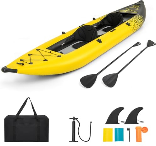 HOMASIS Kayak Gonfiabile 2 Posti in PVC, Canoa Gonfiabile con 2 Pagaie Regolabili, Borsa per il Trasporto, Pompa a Mano e Kit di Riparazione, Gommone Mare per Adulti, 382 x 94 x 40 cm (Giallo)