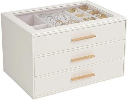 GUOER Jewelry Box for Women, Glass Lid Jewelry Organizer with 3 Drawers PU Jewelry Storage Case for Necklaces Rings Earrings Bracelets, Mother's Day, White