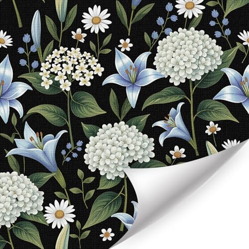 CHDITB Dunkle Blumen Tapete,Blumen Möbelfolie Klebefolie,Vintage Schwarz Möbelfolie Selbstklebend,Schlafzimmer Tapete (44x300cm) Schwarze Pflanzen Aufkleber,Klebefolie Möbelaufkleber Badezimmer