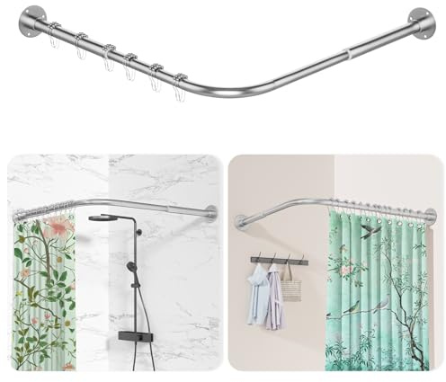 Duschvorhangstange L Form, [60-90 cm] × [60-90 cm] Verstellbare Duschstange Ecke, Duschvorhang Halterung mit 12 ringen & Deckenstütze für Badewanne/Badezimmer, Bohr-Montage Erforderlich, Silber