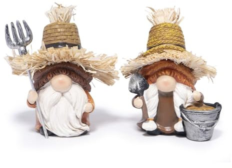 Hodao Lot de 2 nains de jardin en résine peints à la main – Figurines décoratives de style ferme avec chapeaux et outils rustiques – Pour jardin, cour, terrasse et intérieur (orange-marron)