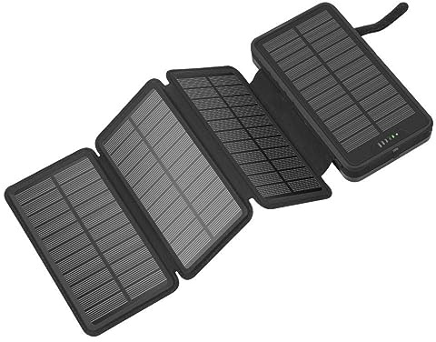 Power Bank, caricabatterie solare da 20000 mAh per esterni con 4 pannelli solari pieghevoli e 2 porte di ricarica ad alta velocità per smartphone, con torcia a LED, nero