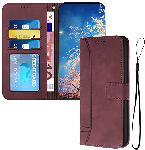 QIWEIQING Kompatibel med Samsung Galaxy Z Flip 7 fodral, flip plånboksfodral för kvinnor flickor med korthållare PU-läder avtagbar handledsrem plånbok fodral för Samsung Galaxy Z Flip 7. vinröd HX