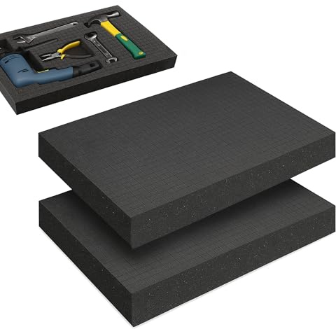 2 stycken svarta skumkuddar: 405 x 305 x 50 mm, kubformad skum, skydd för resväskor, för kamera och bordsredskap, svart färg