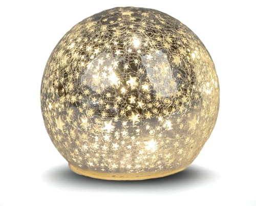 formano LED Deko-Kugel 12 cm Sterne Silber Glaskugel Timer 6h / 18h beleuchtet - Batteriebetrieben - glänzende Crackle-Optik - Herbst Winter Weihnachtsdeko für Tisch Regal Fensterbank