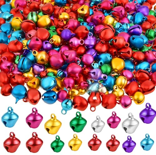 200 cascabeles de Colores para Manualidades 6 mm y 10 mm, PLULON. Adornos pequeños de Metal para Coronas navideñas, Regalos, Calcetines navideños y decoración de Fiestas
