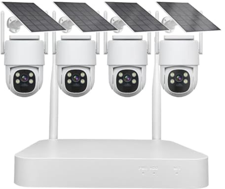 AKAVIG Système de caméra de sécurité WiFi sans fil 4 canaux avec 4 caméras, kit de vidéosurveillance à énergie solaire 4 MP avec contrôle par application, audio bidirectionnel, vision nocturne en