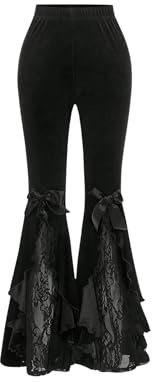 GORGLITTER Velvet Flared Trousers Women Contrast Lace High Waisted Bow Front Ruffled Skinny Goth Pants Black Medium