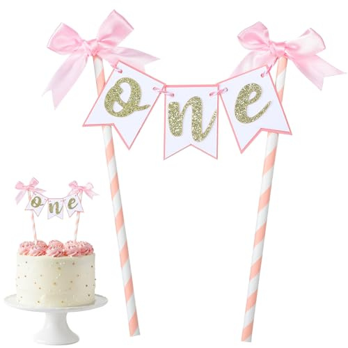 One Pink Bow Cake Topper For 1st Birthday Girl Celebrations Pink Bow Ribbon Cake Topper For Memorable First Birthday Cake Decorations For Baby Shower Party Supplies