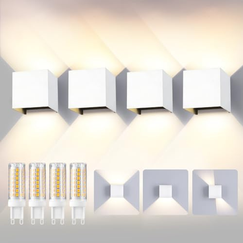 YCZM LED Wandleuchte Aussen/Innen, 4 Stücke Wandlampe Aussen mit Austauschbarer G9 Wasserdicht IP65 Außenleuchte,4000K Aluminium Außenlampe Einstellbar Abstrahlwinkel,Up Down Wandbeleuchtung Weiß