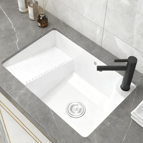 Lavanderia con Asse per Lavare Lavatoio da Incasso per Lavanderia in Ceramica con Asse da Lavare e Rubinetto per Balcone Bagno con Scolapiatti e Tubo di Scarico(800x480x240mm/31.5x18.9x9.5in)