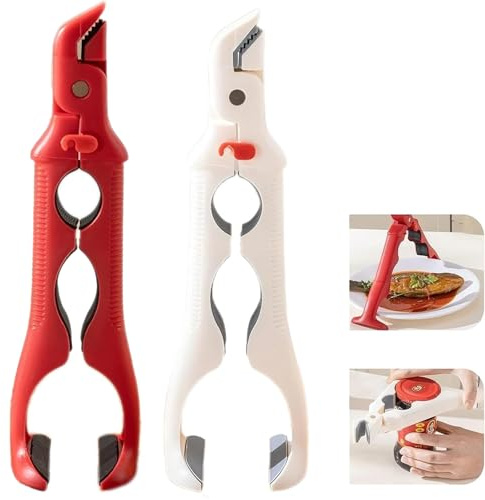 2 PCS Hot Plate Gripper, 3-in-1 Anti-Scald Kitchen Tool, Versatile Bowl and Plate Lifter with Can Opening Feature, Heat Resistant Design for Microwave and Air Fryer Use, White and Red Colour