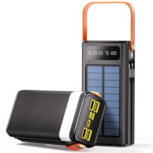 BEOSIOR Solar Battery Bank, 22.5W Fast-Charging Station 50000mAh Portable Charger with LED Light, Built-in Cables, PC, 4 Outputs, 3 Inputs for Phones, Tablets, Laptops, Camping, Hiking, Emergencies