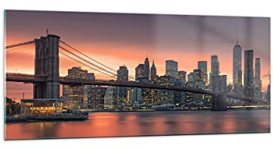Wandbilder Dekoration Wohnzimmer New York Brücke Nacht Panorama Bilder auf Glas 120x50cm Glasbild Schlafzimmer Küche Wand Kunstdruck Art Groß Wanddeko Bild im Glas Modern Wall Decor GAB120x50-4048