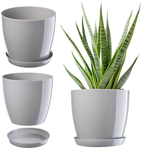KADAX Blumentopf mit Untersetzer Ø 23 cm, Grau Pflanzkübel für Innen- und Außenbereich, ideal für Wohnzimmer, Balkon, Bad oder WC – lebendige Farben bringen Frische in jeden Raum