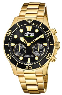 Lotus Uhr Smart Herren Hybrid Connected aus Edelstahl 316l | Goldfarben, Analog, Wasserdicht 10 ATM 18802/2, Musiksteuerung, Schrittzähler, Anrufbenachrichtigung und -ablehnung