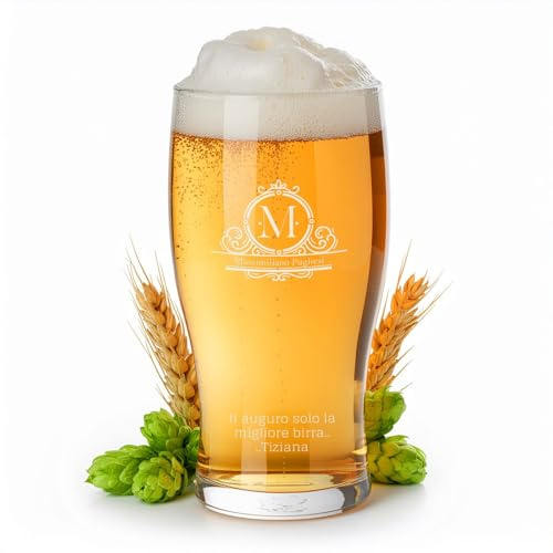 Maverton Boccale per la Birra, in vetro con personalizzazione | Capienza 570 ml, H16 cm x Ø8 cm, Perfetto per ogni uomo amante della buona Birra, lo stemma