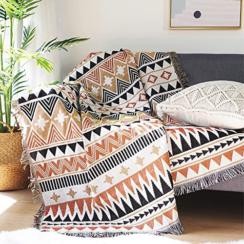 Koomuao Boho Decke Mit Fransen, Geometrische Sofadecke Strickdecke Kuscheldecke Gewebte Tagesdecke Wohndecke Baumwolle Bett Überwurf Couchdecke Dekorative für Wohnzimmer Bett (Stil 1, 130x160cm)