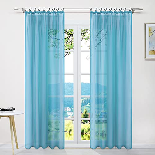 ESLIR Gardinen mit Kräuselband Vorhänge Fensterschal Transparent Schlaufenschal Voile Schal Uni Blau BxH 145x225cm 1 Stück