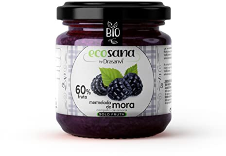 ECOSANA MERMELADA EXTRA MORA SIN AZÚCAR CERTIFICADO BIO by DRASANVI - VEGANO - SIN GLUTEN - 250g | Extra de Mora sin Azucar Anadido, Certificada BIO, Alto Contenido en Fruta, Ideal para el Desayuno, Vegana y Sin Gluten