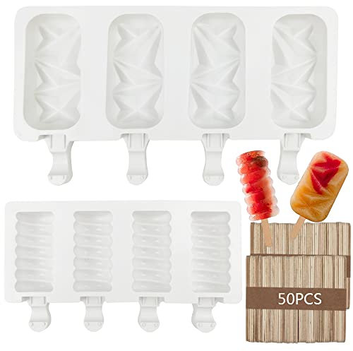 Ice Lolly Moulds, 2 Pieces Silicone Popsicle Moulds Set Food Grade BPA Free Ice Cream Mould Ice Pop Moulds with 100 Wooden Sticks for DIY Popsicle Dessert Chocolate Cake