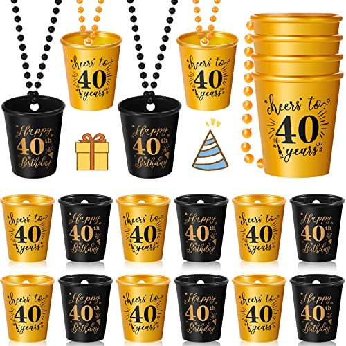 12 Pieces 30th 40th 50th 60th 70th Shot Glasses Necklace Birthday Plastic Shot Glass on Beaded Necklace Shot Cups for Birthday Party Anniversary Supplies, Gold and Black