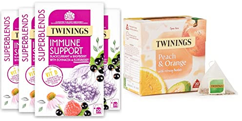 Twinings Superblends Immune Support Tea Blackcurrant & Raspberry with Elderberry, 80 Tea Bags (Multipack of 4 x 20 Tea bags) & Peach & Orange Tea Bags, 20 Count (Pack of 1)