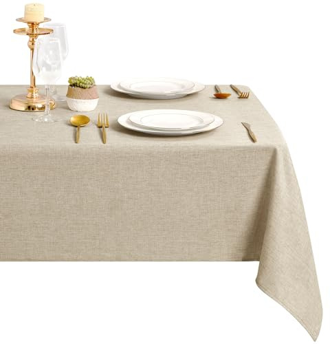 DWCN Leinen Beige Tischdecke 135x200cm Stoff Leinenoptik Abwaschbar Outdoor Wetterfest Schmutzabweisend Wasserdicht Polyester Rechteckig Tischtuch für Esszimmer, Garten, Party, Hochzeiten, Haushalt