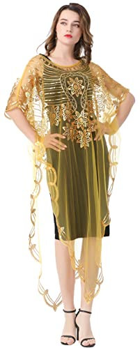 BESTORI Damen Festlich Spitzenschal Stola Retro Sommer Wraps Pailletten Poncho Für Kleider Hochzeit Gelb