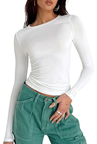 Top de Camiseta Corta de Manga Larga básica de Manga Larga para Mujer Y2K Tops TikTok Crop Top Club Party E-Girls Streetwear(White-a, M)