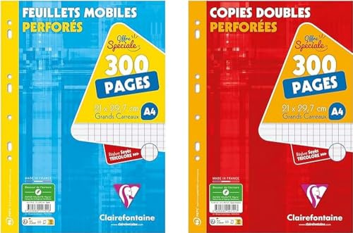 Clairefontaine 11751AMZC Lot de 2 Paquets de Copies Perforées : 300 Pages FEUILLETS MOBILES + 300 Pages COPIES DOUBLES - A4 21x29,7 cm - Grands Carreaux - Papier Blanc 90 g