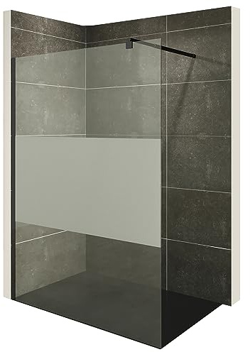 i-flair Duschabtrennung Walk In FIONA 70x200 cm Duschwand Dusche 10mm STARK aus TEILSATINIERTEM NANO ESG Sicherheitsglas mit schwarzem Wandprofil W740 Black Teilsatiniert