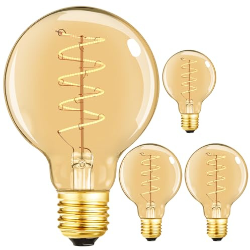 Leools Vintage LED Spiral Filament Bulb G25/G80 Dimmable Flick-Free 6W CRI95 LED Edison Globe Light Bulb E26 Base,Amber Glass,Warm White,2200K, 400LM(40W Equivalent), Pack of 4