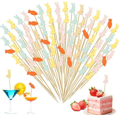 Bekeify 200 Stück Osterhasen-Cocktailspieße, 12 cm Osterhase Natürliche Bambus Sticks, Zahnstocher für Osterparty Dekorationen Holzspieße Sticks Cocktail Sticks für Lebensmittel Getränke und Party