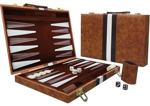 RATSTONE Backgammon，Backgammon Holz，Backgammon Koffer，Backgammon-Set, Brettspiel mit hochwertigem Lederetui mit Würfelbecher, tragbares und reisetaugliches Backgammon-Set, 15 Zoll