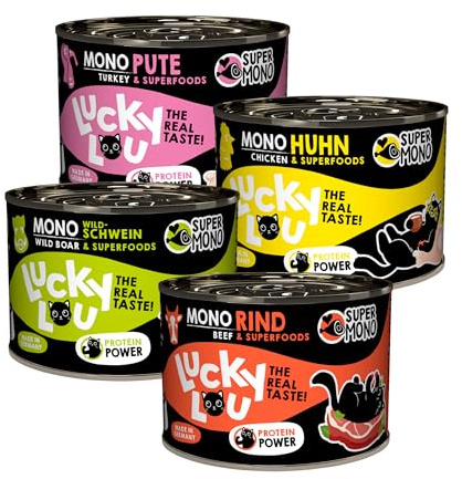 Lucky Lou SuperMono² Mix Katzenfutter nass - hochwertiges Katzenfutter mit viel Protein - Nassfutter getreidefrei & ohne Zucker für ausgewachsene Katzen, 200g (24er Pack)